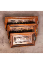 Wooden handcrafted sheesham wood serving tray/wooden platter with jali design and brass inlay work. - Set of 3 (Small :-12 * 6, Medium:- 14 * 6, Large :- 16 * 6)