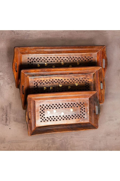Wooden handcrafted sheesham wood serving tray/wooden platter with jali design and brass inlay work. - Set of 3 (Small :-12 * 6, Medium:- 14 * 6, Large :- 16 * 6)