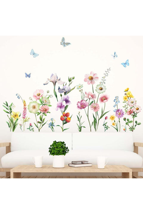 Flowers Wall Stickers - Wildflower Grass Butterflies Daisy Floral Wall Stickers - Girls Bedroom Living Room Sofa TV Background Home Wall Decor