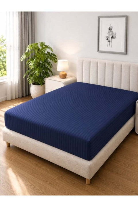 1-Piece Microfiber Fitted Sheet Striped, Color Navy Blue, Design Soft Fabric