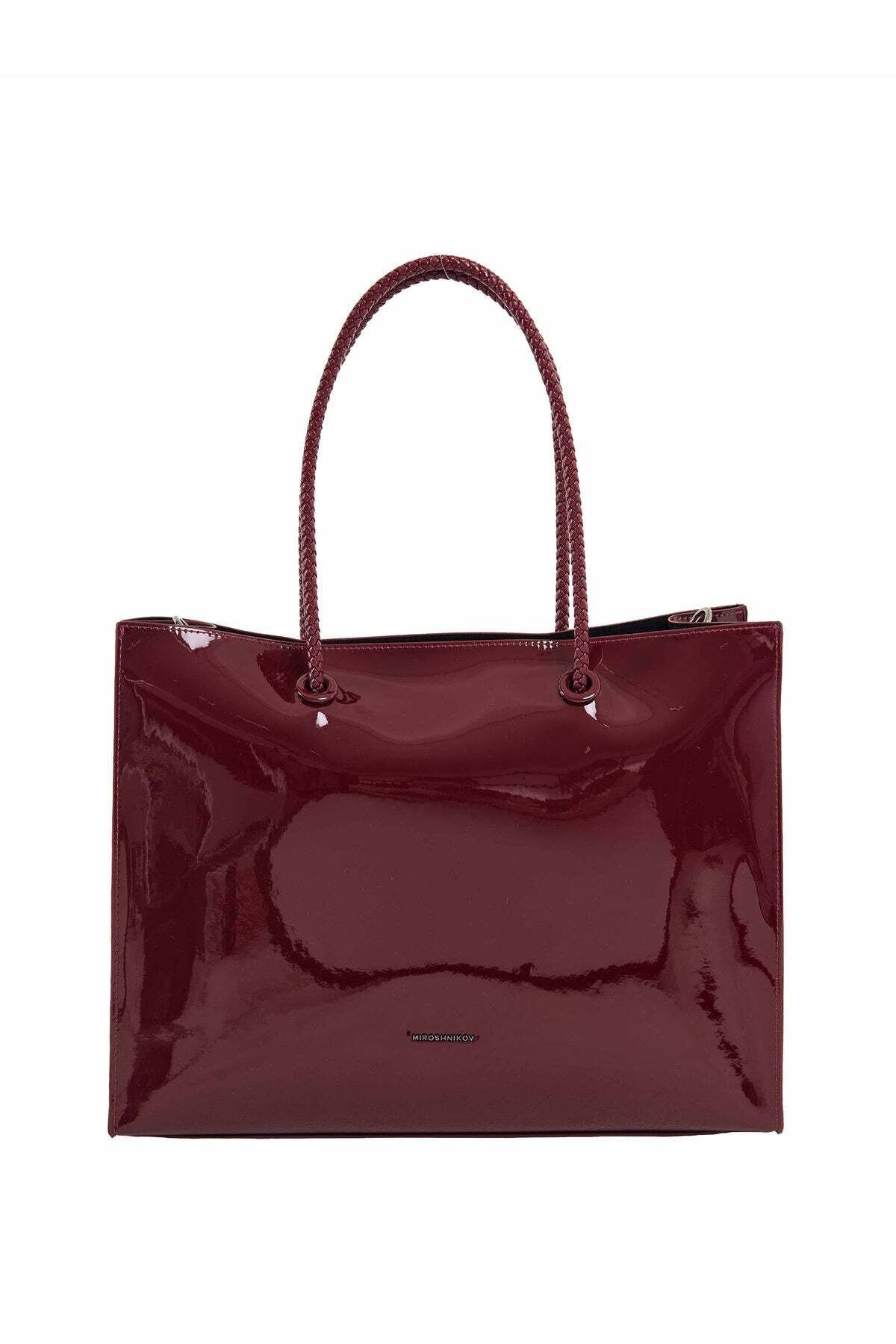 Miroshnikov Women’s Large Shopper Bag for Office & Work, Glossy PU Shoulder Tote, Memory Crinkle Effect, Spacious Lightweight Handbag, No Fastener, 40×31×12 cm - Burgundy