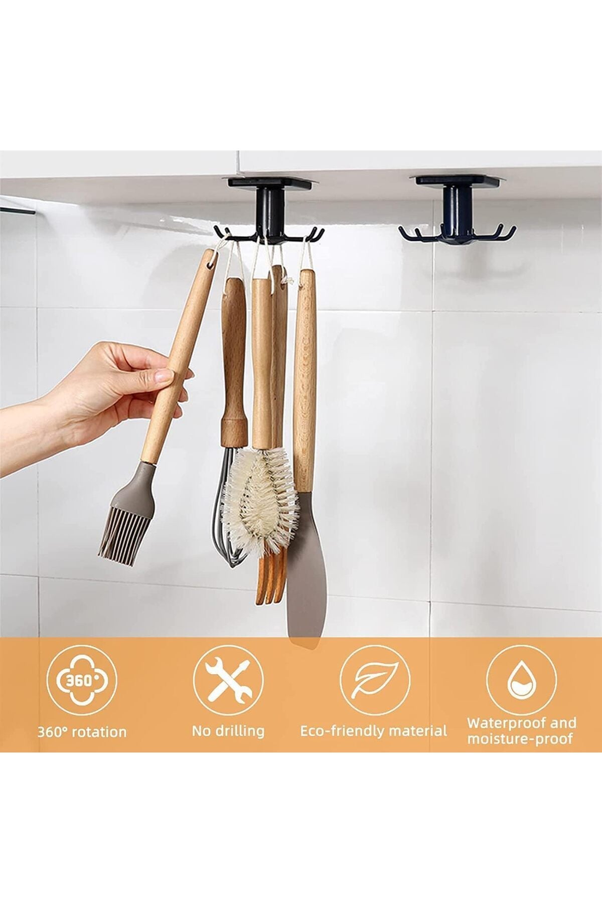 2pcs Under Cabinet Kitchen Utensil Hooks,360° Rotating Drilling Free Adhesive Utensils Hanging Rack for Tools/Towel/Knife (Black)