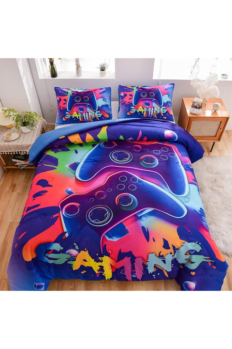 Boy Kids Blue Gaming Gamepad Gamer Soft Zipper Bed Bedding Duvet Cover Set Double Colorful Purple 200×200cm