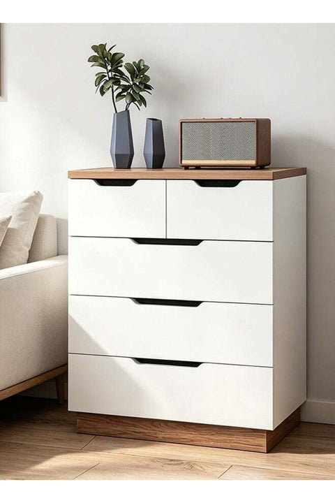 Simple Bedside Table with 5 Drawer, Modern Side Table Nightstand with Solid Wood Legs, Bedside Cabinet Mini Locker Storage Stand Cabinet Rack for Bedroom Living Room Sofa