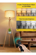 Solid Wooden Tripod Floor Lamp, Bulb Included, Remote Control, Dimmable, Timer, Storage Shelf