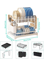 2-Tier Foldable Cutlery Drying Rack/Cup/Bottle Plate Organizer with Cutlery Rack and Cutting Board Rack and Drain Tray, Rotatable Drain System, Anti-Scratch Frosted Baked Craft Coating (White)