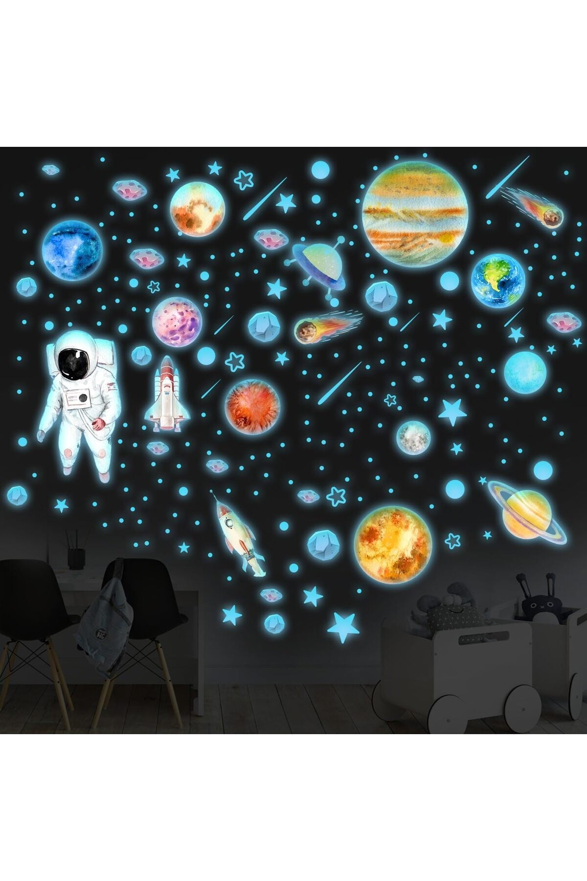 Glow-in-the-Dark Planet Wall Decals, Self-Adhesive Solar System Astronaut Night Light Wall Decals, Kids' Room Decor