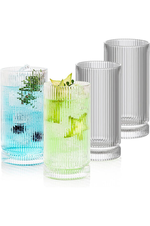 POLIDREAM 16oz Ribbed Glassware, Vintage Drinking Glasses Set of 4, Cocktail Glass Cups, Elegant Tom Collins Glasses