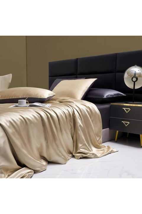 Duvet Cover 220 x 240 cm Golden Satin Beige Adult Double Satin Bedding Set Plain Silk Smooth Silky Shiny Modern Bedding Set