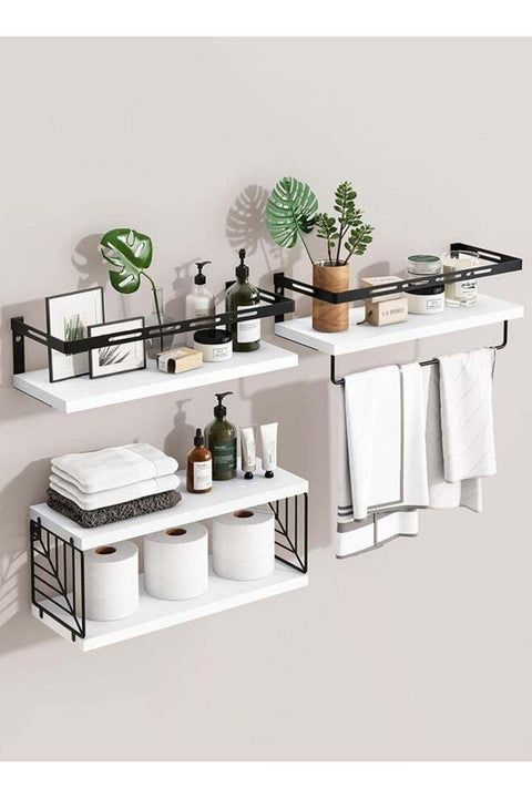 CozyNest 4Pcs Floating Wall Shelves, Solid Wood and Iron Wall-Mounted Storage Racks with Leaf-Shaped Metal Mesh & Towel Bar, Multi-Tier Rustic Natural Wood Design for Bathroom, Kitchen, Bedroom, Laund