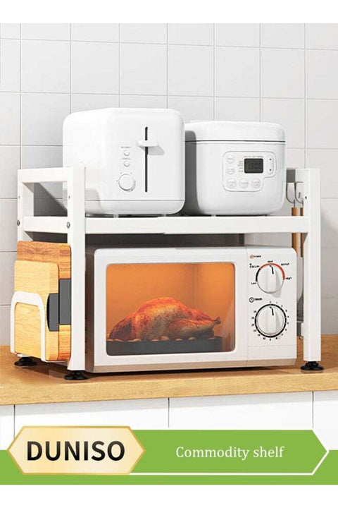 Microwave rack, expandable microwave rack, kitchen countertop toaster rack, kitchen storage rack, detachable, dirt and rust resistant, with 6 hooks and cutting board rack, white