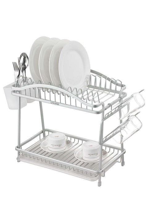 Life Smile 2-Tier Aluminium Dish Drying Rack with Cup Holder & Cutlery Stand – Auto-Drain Kitchen Organizer