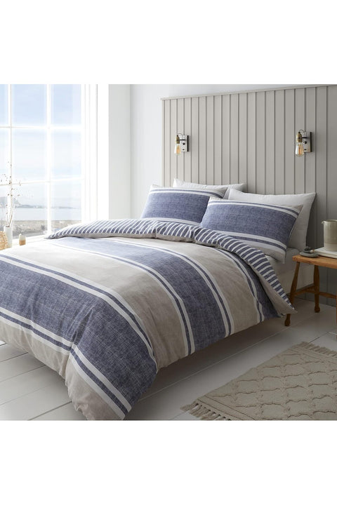 Bedding Textured Banded Stripe Double Duvet Cover Set with Pillowcases Blue