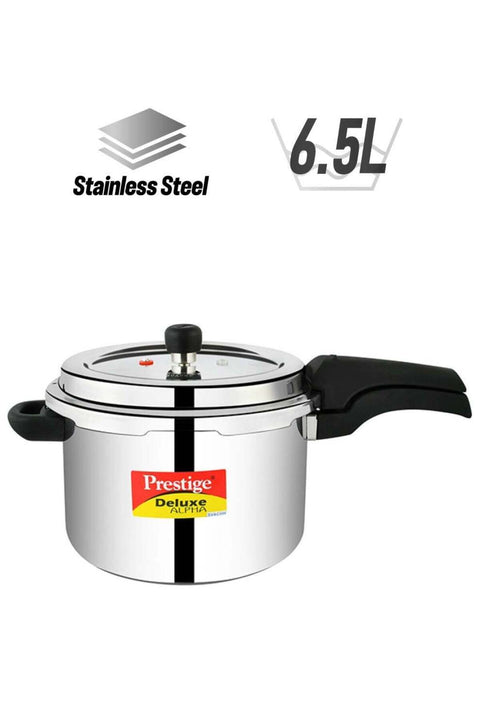 Deluxe Alpha Svachh Stainless Steel Pressure Cooker | Sturdy Handles | Cool Touch Weight | Induction Compatible Silver 6.5Liters