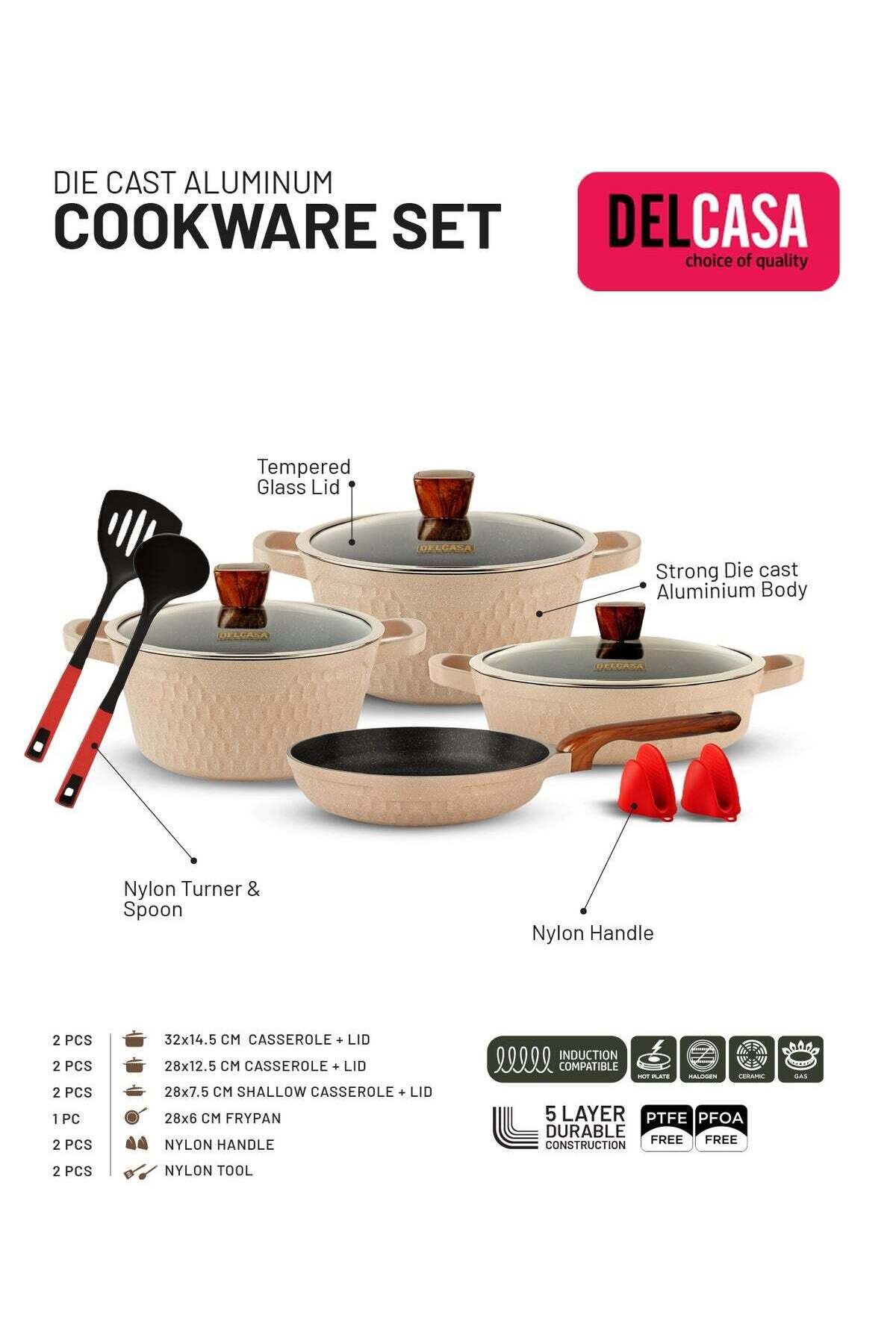 11piece DieCast Aluminum Cookware Set DC3784 Nonstick Coated, with Induction Base, Tempered Glass Lid/ PTFE and PFOA Free