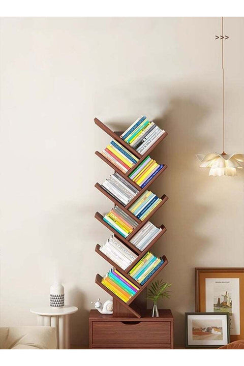 CozyNest Vintage Sandalwood Color Tree Bookshelf, Narrow Multi-Tier Freestanding Bookcase, Creative Space-Saving Storage Shelf for Living Room Bedroom Home
