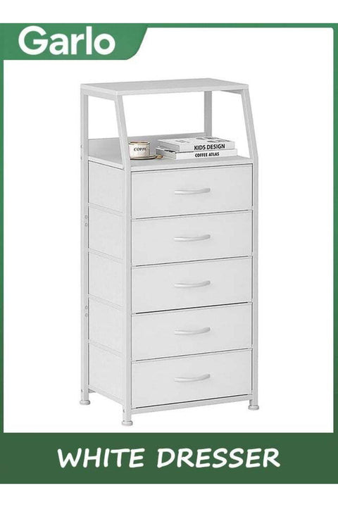 White Dresser with 5 Drawers, Vertical Storage Tower Fabric Dresser for Bedroom, Hallway, Entryway, Nursery, Closet Organizer, Nightstand Bedside Table Furniture, Sturdy Steel Frame, Wood Top