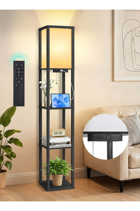 Floor Lamp with 3 Storage Shelves, Remote Control, Dimmable LED, USB Ports, 3 Color Temperatures, Linen Shade Modern Standing Lamp for Living Room Bedroom Office, Black