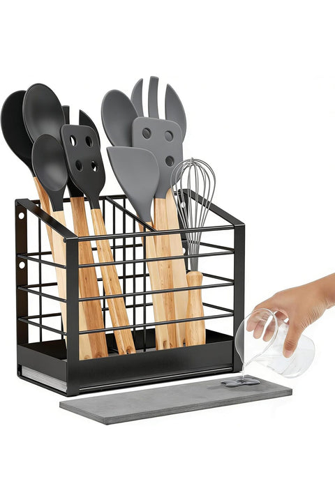 Large Utensil Holder, Dual-Use Kitchen Cooking Utensil Holder Organizer with Diatomaceous Earth Base for Kitchen Counter & Wall Mount(2 Compartments)