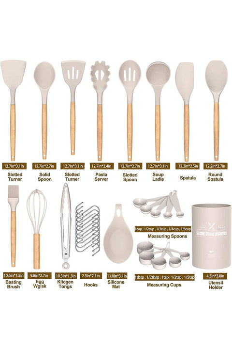 33 pcs Non-Stick Silicone Cooking Kitchen Utensils Set, Silicone Handle, Heat Resistant, Easy to Clean, Khaki