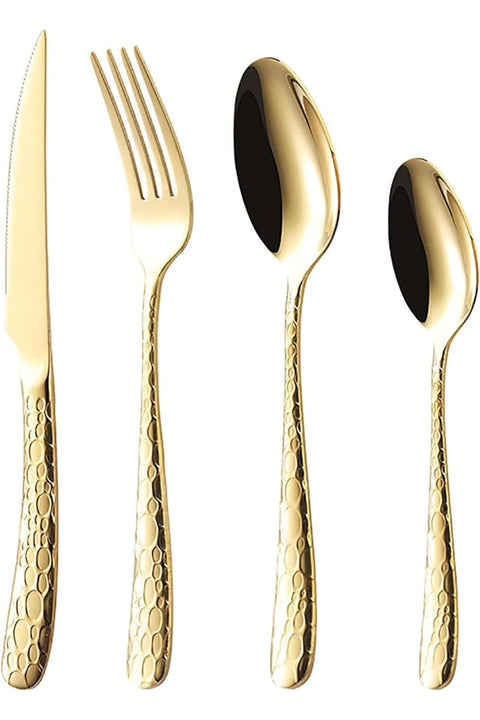 Gold Silverware Set for 4, Hammered Stainless Steel Cutlery Mirror Polished Utensils