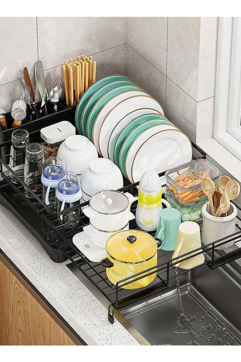 Extendable Dish Drying Rack Dish Rack with Cutlery Holder Large Sink Dish Drying Stand for Kitchen Counter Stainless Steel Dish Strainer Dish Drainer with Drainboard and Spout