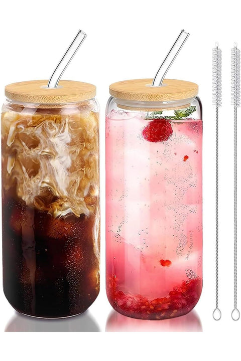 SKY-TOUCH 2 Pcs 550ml Glass Cups with Bamboo Lids and Straws, Clear Iced Coffee Glasses Set