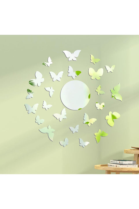 Butterfly Mirror Wall Stickers, 24Pcs 3D Acrylic Mirror Wall Decor Stickers, Mirror Wall Stickers Removable DIY Mirror Mural Stickers for Home Living Room Bedroom Office TV Background