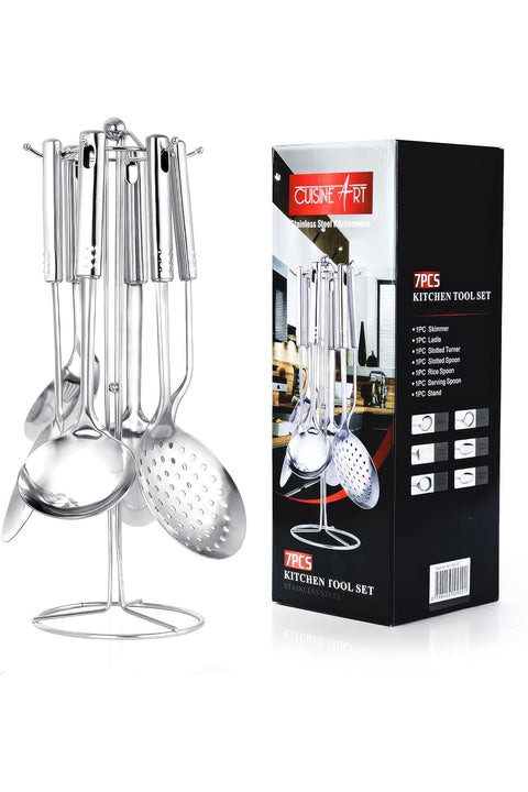 Stainless Steel Kitchen Tools 7-Piece Set, Silver, Multifunctional Stainless Steel Kitchenware with Holder Stand