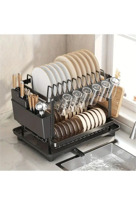 Black Dish Drying Rack With Knife Fork Holder And Cutting Board Rack