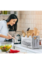 Rustic White Kitchen Utensil Holder – Large Wooden Utensil Organizer with Detachable Silverware Caddy & Portable Handle