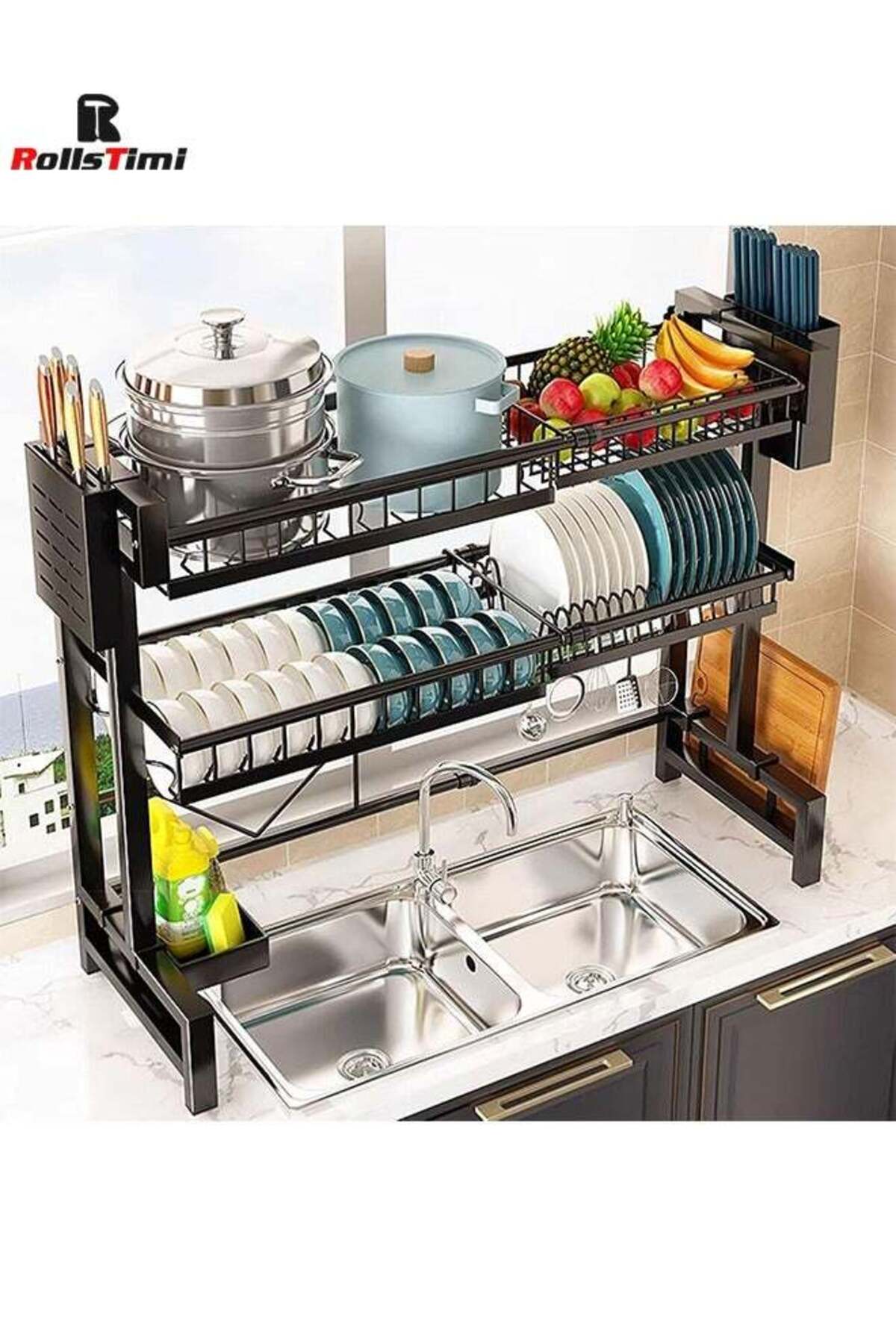 Large Capacity Dish Drainer Drying Rack Telescopic Adjustable Length Kitchen Rack Multifunctional Expandable Counter Organizer Over Sink Space Saver Dish Rack - 2 Tier