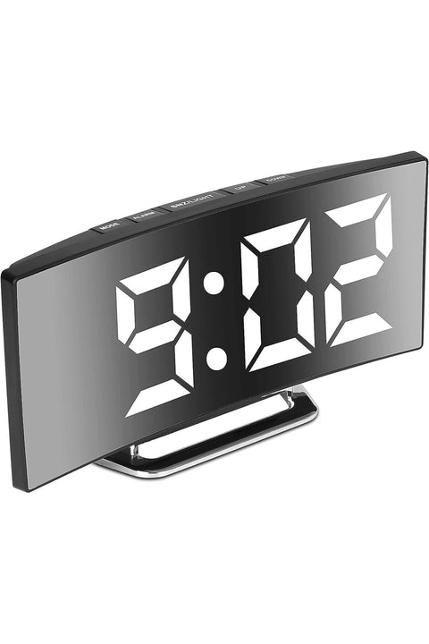 Digital Alarm Clock, Bedside Mirror Clock with Modern Curved Design, Battery Operated and USB Power Supply, Electronic LED Time Display with Temperature Detect Clock for Bedroom Office Decor