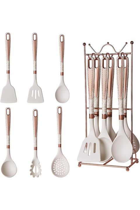 Silicone Cooking Utensils Set, 7 Pcs Kitchen Utensils with Hanging Shelf