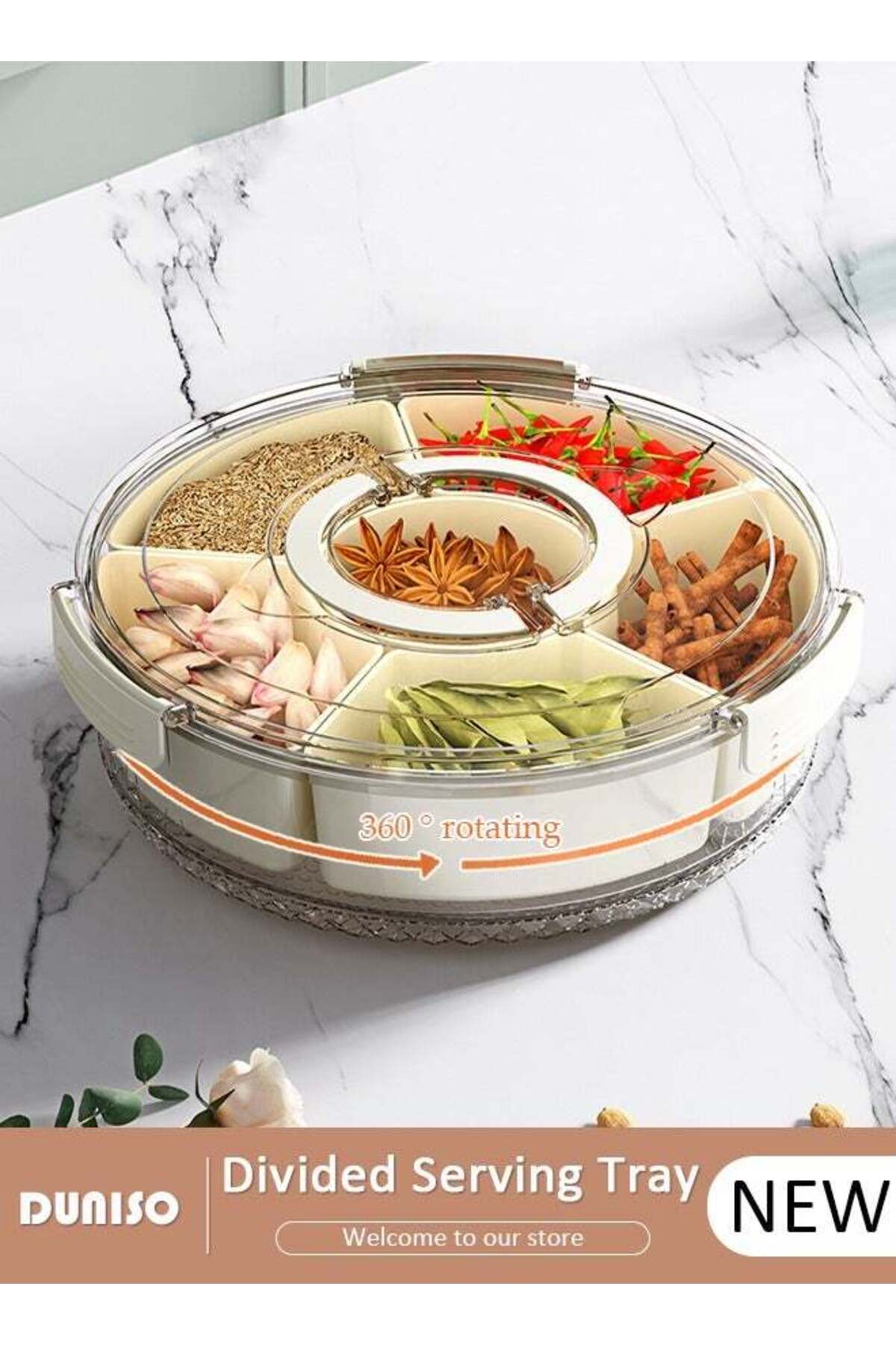 Divided Rotating Serving Tray with Lid & Handle 6 Compartments, Multi purpose Food Organizer and Storage Platter, Portable Snackle Box for Fruits Snacks Veggie Charcuterie, Fridge Organizer