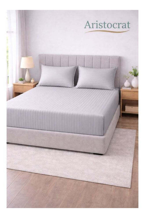 3-Piece Striped Microfiber Fitted Sheet Set King 180x200cm – Soft Elastic Deep Pocket 17cm, Silver