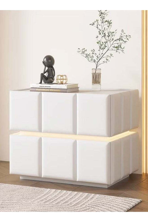 Modern Minimalist Design Leather Wrapped Nightstand Durable Solid Wood Bedside Table Double Drawers Storage Side Table with Voice Operated LED Lights for Bedroom Living Room Home Office 50x40x