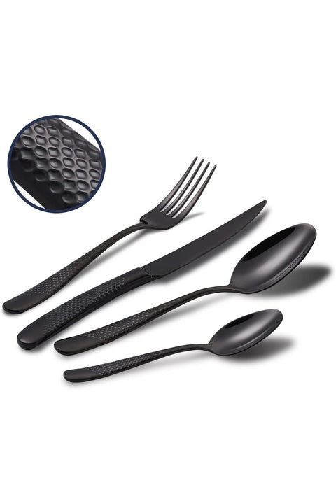 Hammered Silverware Set, 4-Piece Modern Black 18/10 Stainless Steel Flatware Set