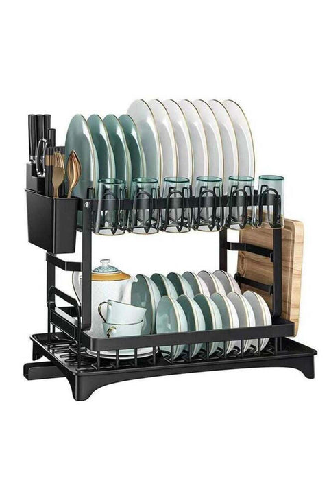 2 Tiers Dish Drying Rack with Rotatable Drainage System Stainless Steel Kitchen Dish Drying Rack Holder Scratch Resistant Frosted Baking Process Coatings
