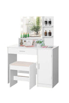 Bedroom Makeup Dressing Table with 1 Drawer, 1 Cabinet and 2 Separate Storage Shelves, 3 Lighting Modes and Adjustable Brightness, 90*40*137CM (Does Not Include Dressing Stool)