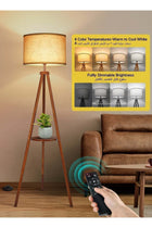 Solid Wooden Tripod Floor Lamp, Dimmable, 4 Color Temperatures, 1H Timer, Storage Shelf