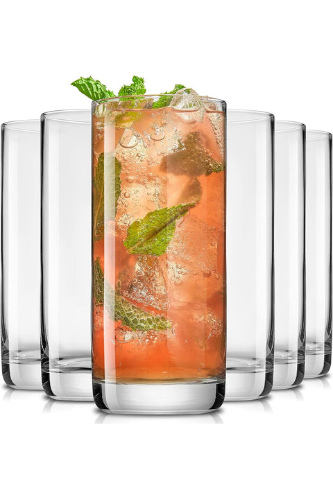 Faye 13oz Highball Glasses, 6pc Tall Glass Sets. Lead-Free Crystal Drinking, Water, Mojito, Tom Collins