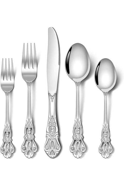 5PCS Gorgeous Retro Royal Silverware Set, Stainless Steel Flatware Cutlery Set, Utensil Set