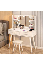 Dressing Table with Cushioned Stool, Makeup Vanity Desk with Shelf and Lighted Mirror, White Dresser Stool Set with Mirror and Drawers for Bedroom Dressing Room