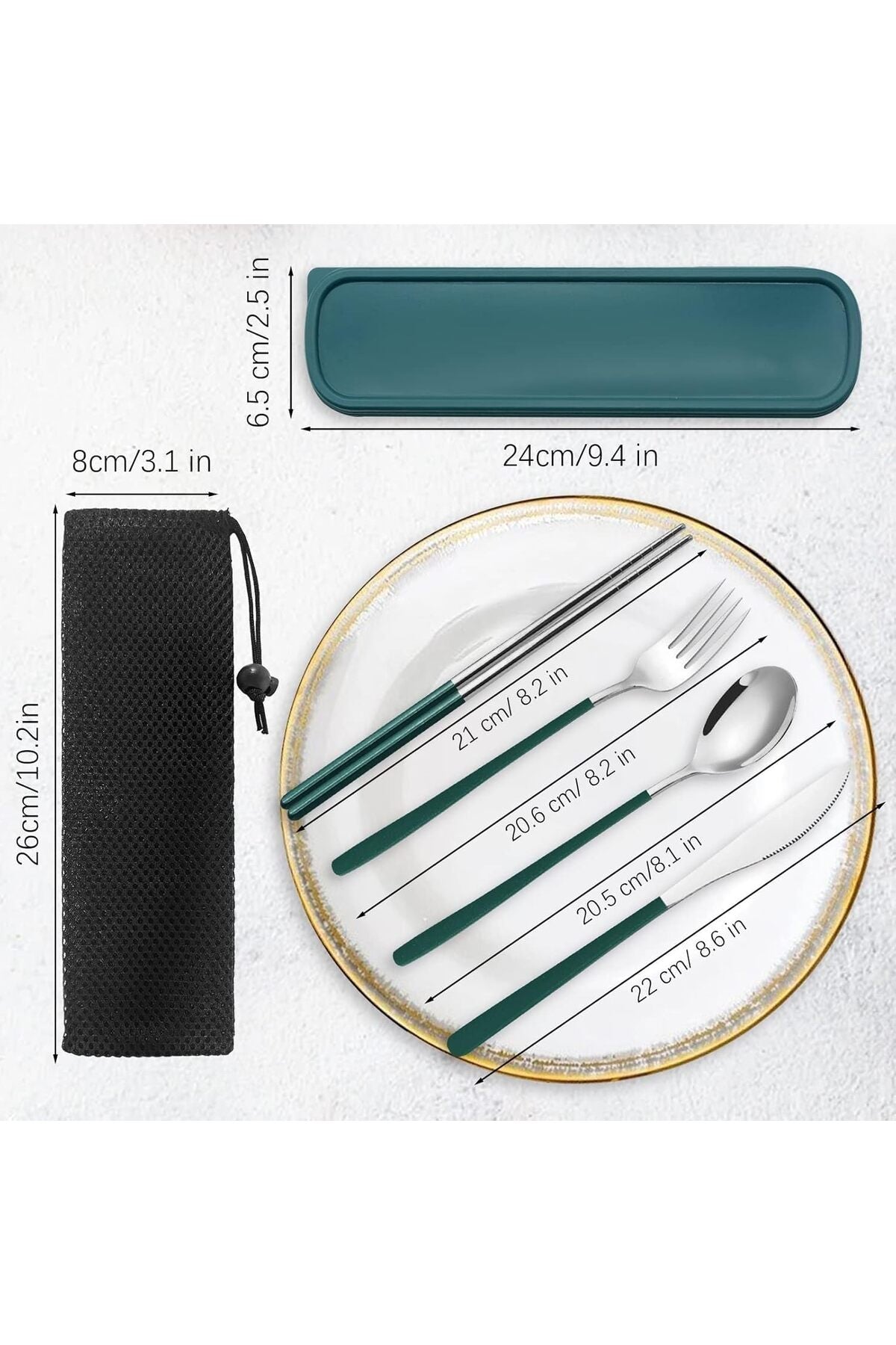 Portable Cutlery Set with Case, 4-Piece Gold and Black Stainless Steel, Fork Spoon Knife Chopsticks (GREEN SILVER)