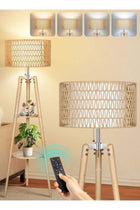 Wood Tripod Floor Lamp with Rattan & Linen Double Shades, Dimmable & Adjustable Color Temperature, Farmhouse Standing Lamp with Remote, Boho Floor Lamp