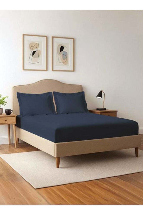 Pure Combed Cotton King Fitted Sheet 180x200 cm Dark Blue, 400 Thread Count with 2 pillowcase