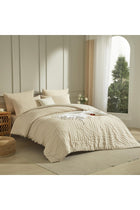 Duvet Cover 240 x 260 cm Beige Cream Seersucker Plain Microfibre Bedding Set for 2 Adults