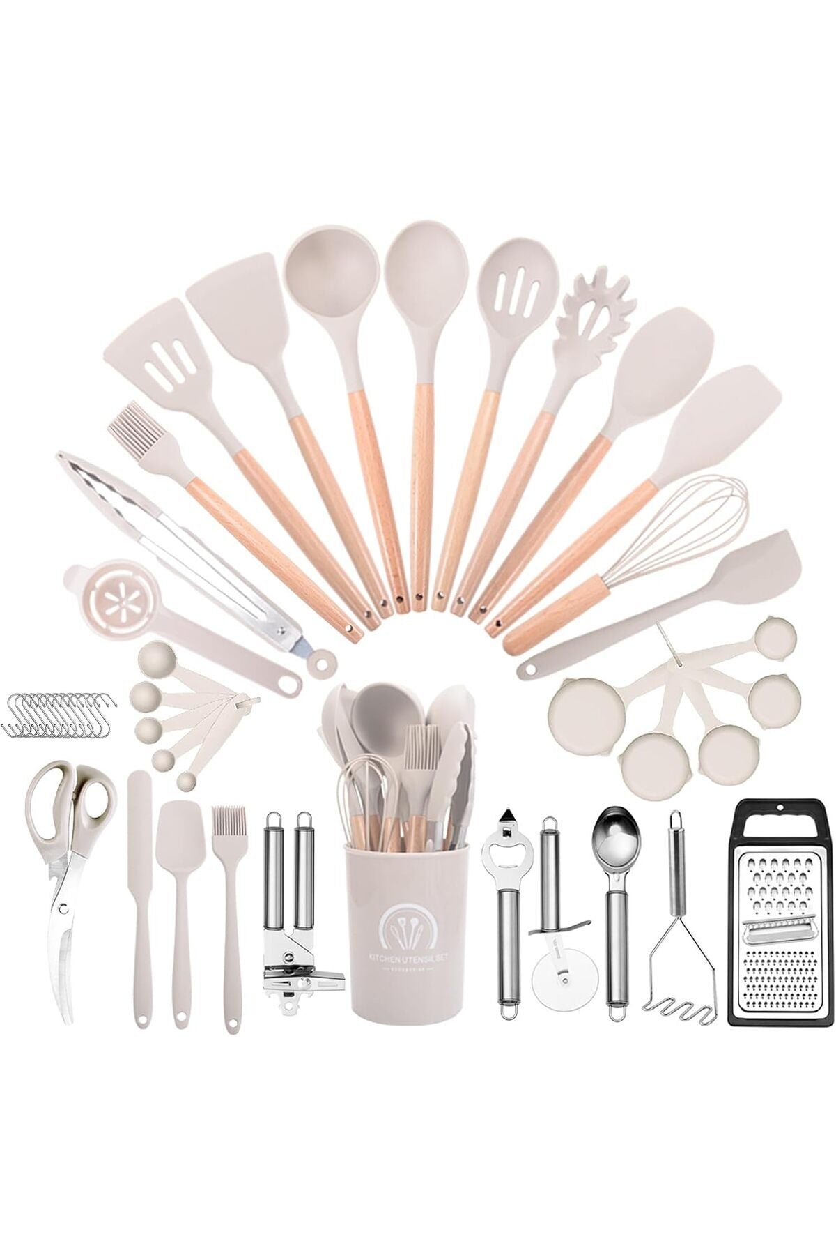 46 pcs Non-Stick Silicone Cooking Utensils Set with Holder, Wooden Handle (Khaki)