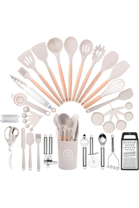 46 pcs Non-Stick Silicone Cooking Utensils Set with Holder, Wooden Handle (Khaki)